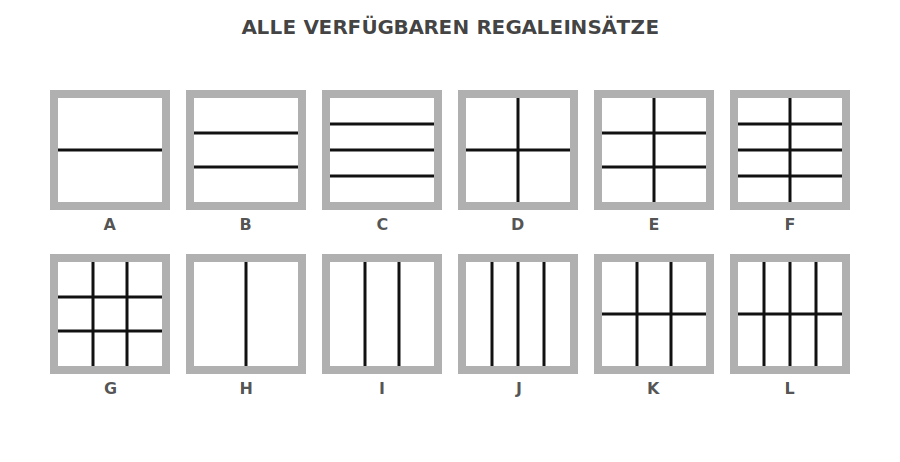 Übersicht aller verfügbaren Flexivo Regaleinsätze A bis L